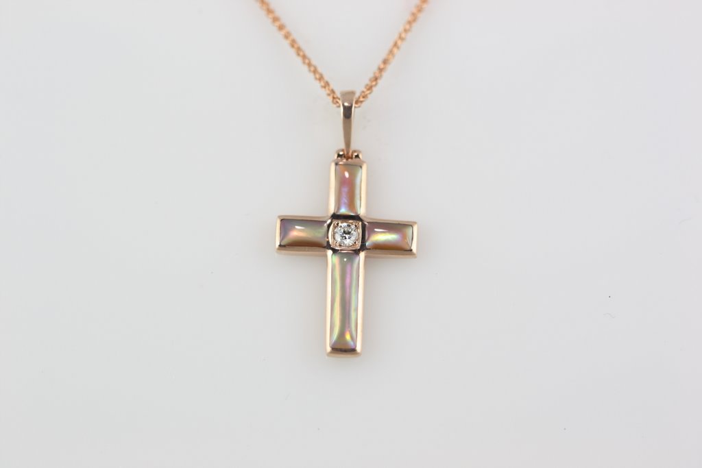 14Kt  Rose Gold M O P  and Diamond Cross Pendant  Diamonds  06